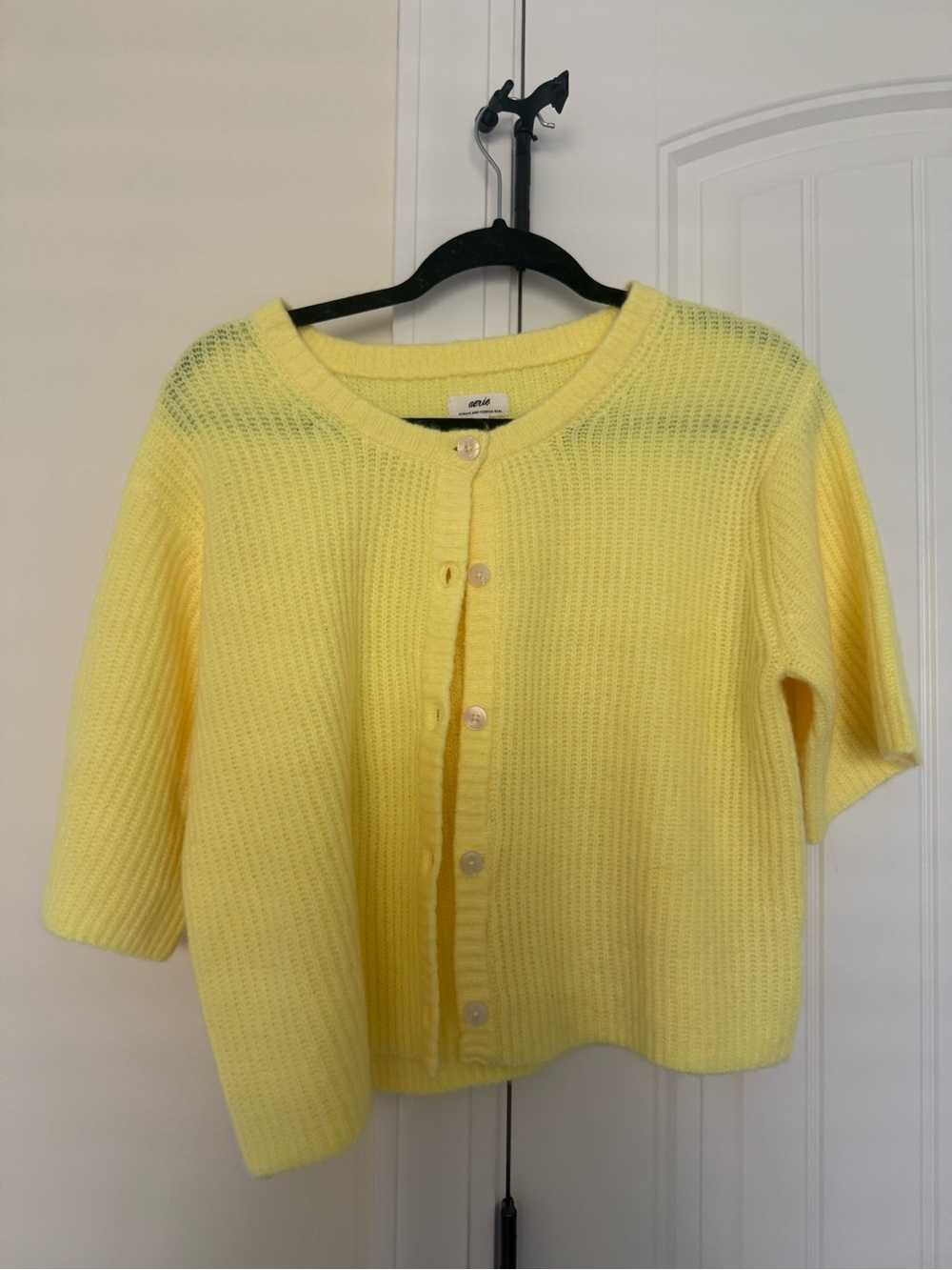 aerie Yellow Short-Sleeve Button Cardigan
